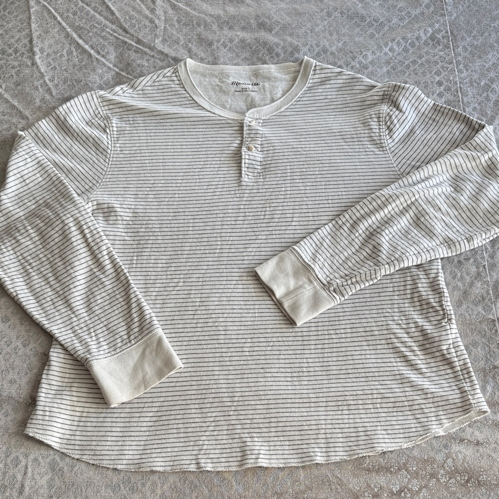 Madewell Women's Long Sleeve Striped Henley - Cream and Gray